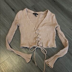 Forever 21 Tan Ribbed Tie Front Crop Blouse